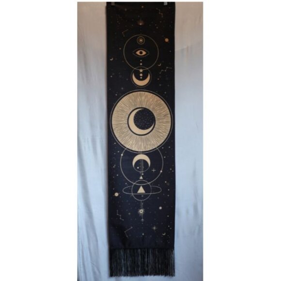 Black and Gold Mood Goddess Nylon Canvas Sacred Geometric Tassel Wall Tapestry - Picture 1 of 8